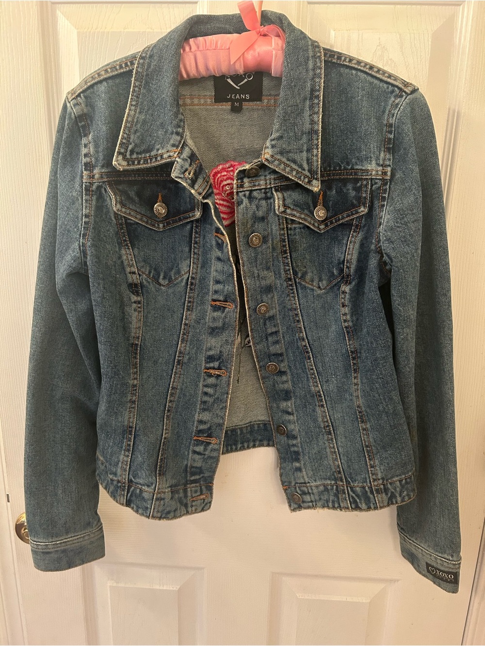 XOXO Medium Blue Denim Jacket with Pink Embroidered Floral Detail